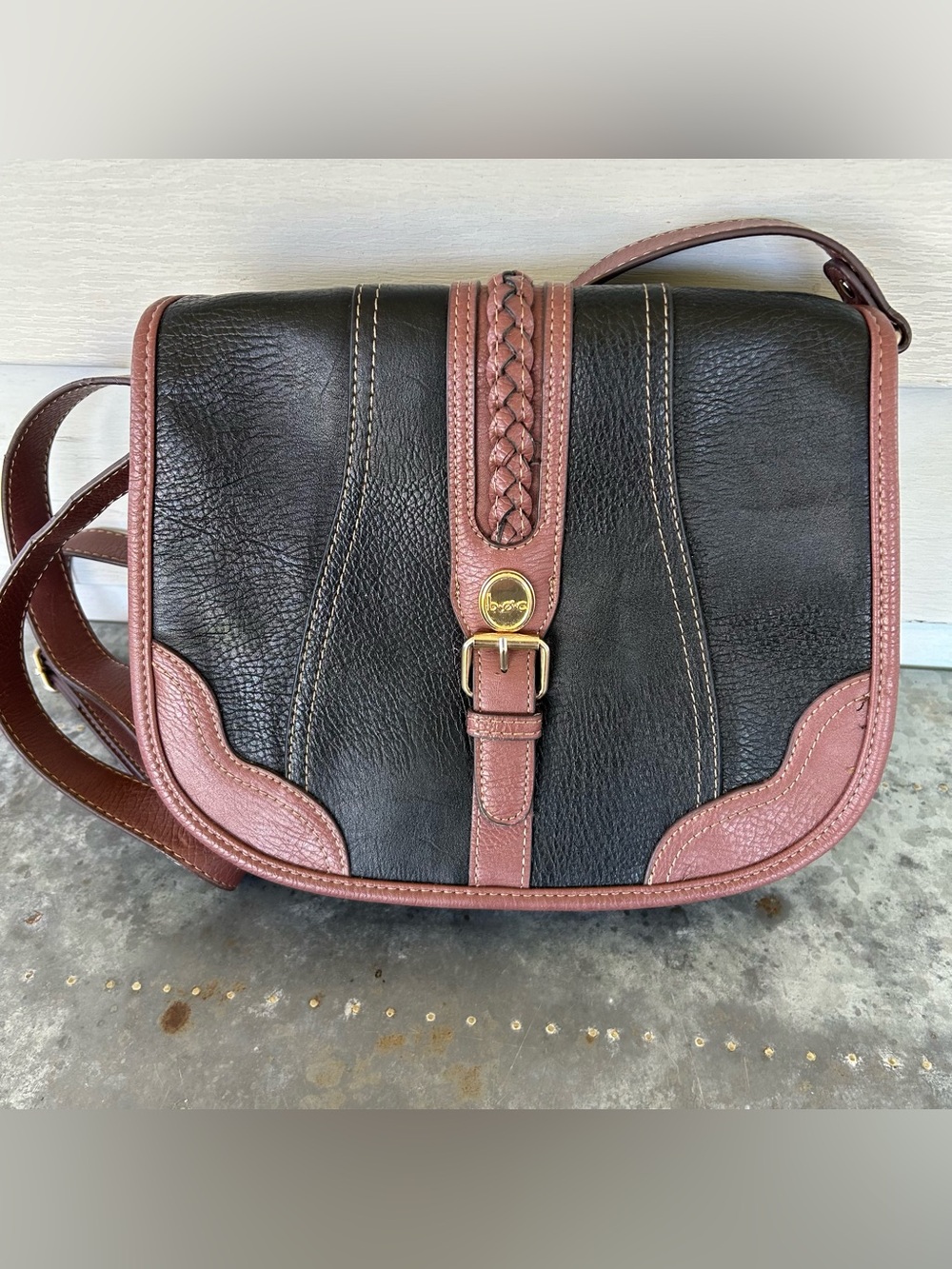 BOC Shoulder Handbag Saddle Bag Crossbody Black Brown Braid Accent Faux Leather